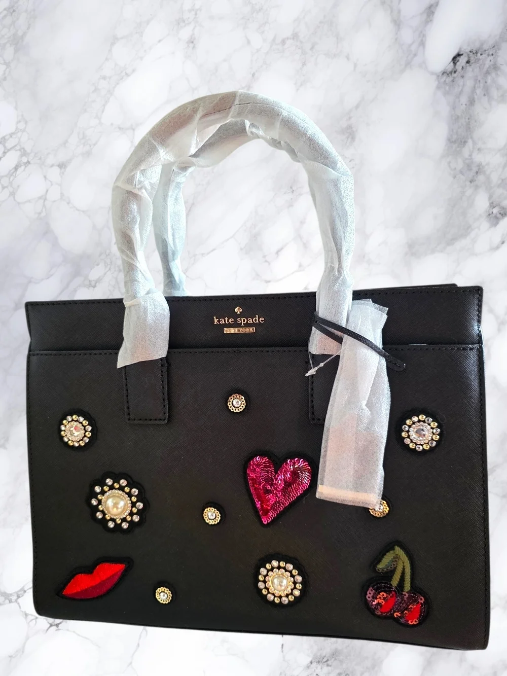 Kate Spade x Rodan & Fields NWT Black Saffiano Satchel Novelty Heart Cherry Rare